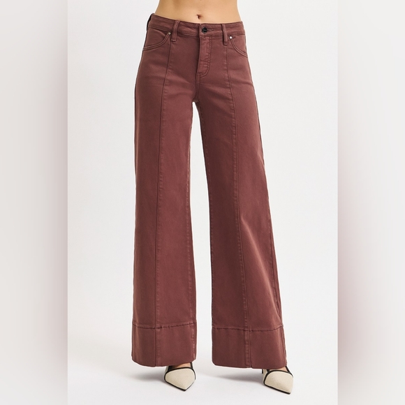 Risen Jeans Pants - 138 | Risen Chocolate Brown Mid Rise Tummy Control Wide Leg Denim